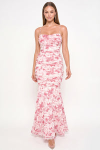 Floral Print Pleated Mermaid Maxi Dress