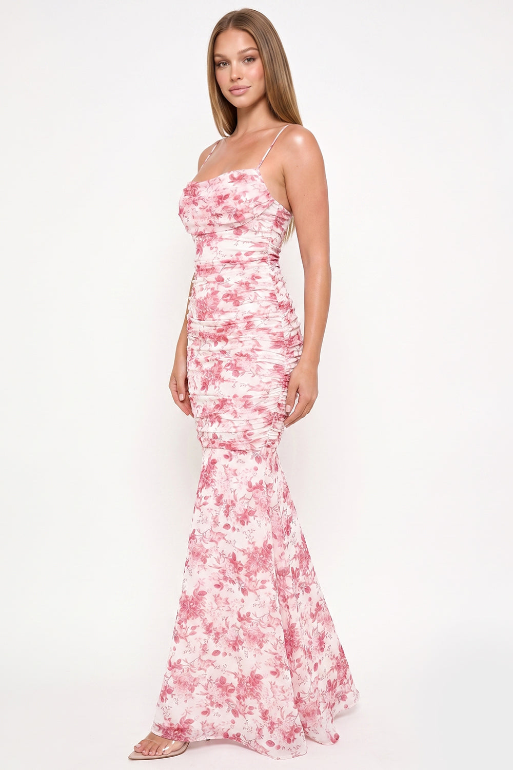 Floral Print Pleated Mermaid Maxi Dress