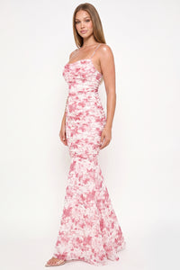 Floral Print Pleated Mermaid Maxi Dress
