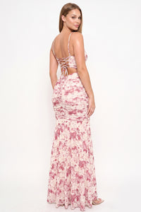Floral Print Pleated Mermaid Maxi Dress