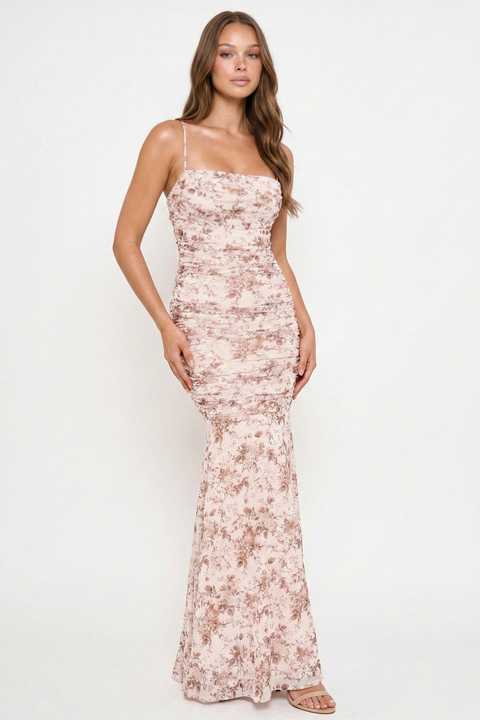 Symphony Dress - Floral Print Pleated Mermaid Maxi Dress | Zezebe