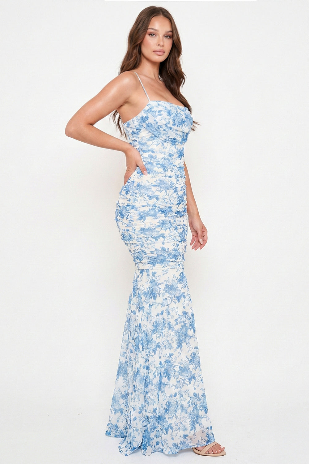 Floral Print Pleated Mermaid Maxi Dress