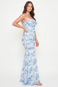 Floral Print Pleated Mermaid Maxi Dress