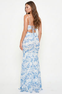 Floral Print Pleated Mermaid Maxi Dress