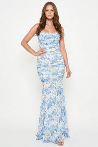 Floral Print Pleated Mermaid Maxi Dress