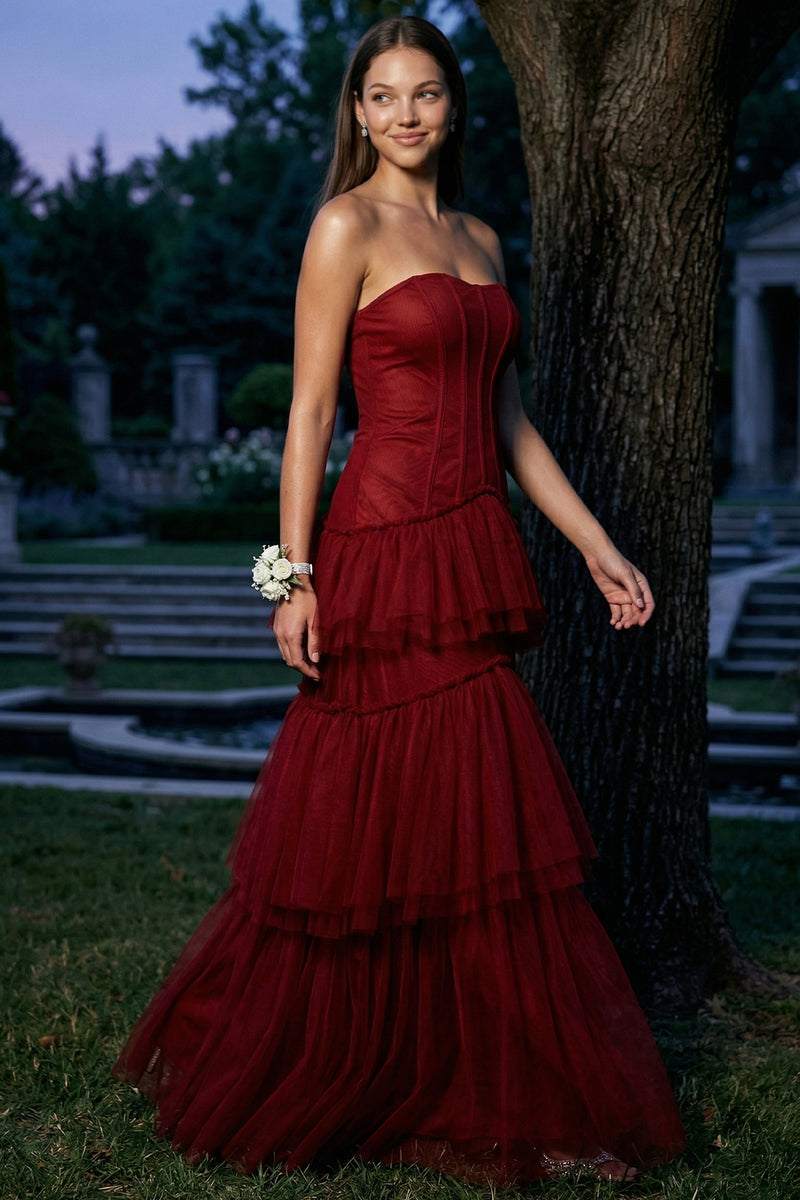 layer strapless mermaid maxi dress Symphony Dress - Layered Mesh Ruffled Mermaid Maxi Dress