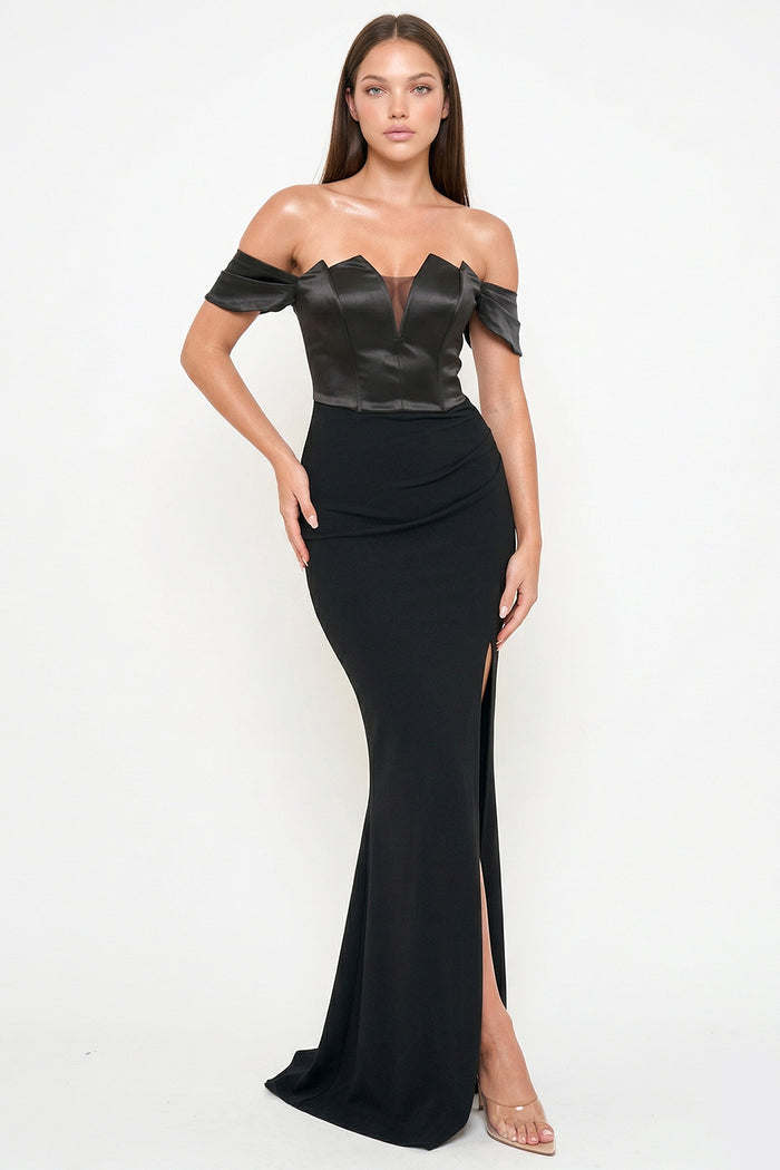 Satin Top With Overlay Mesh Maxi Dress