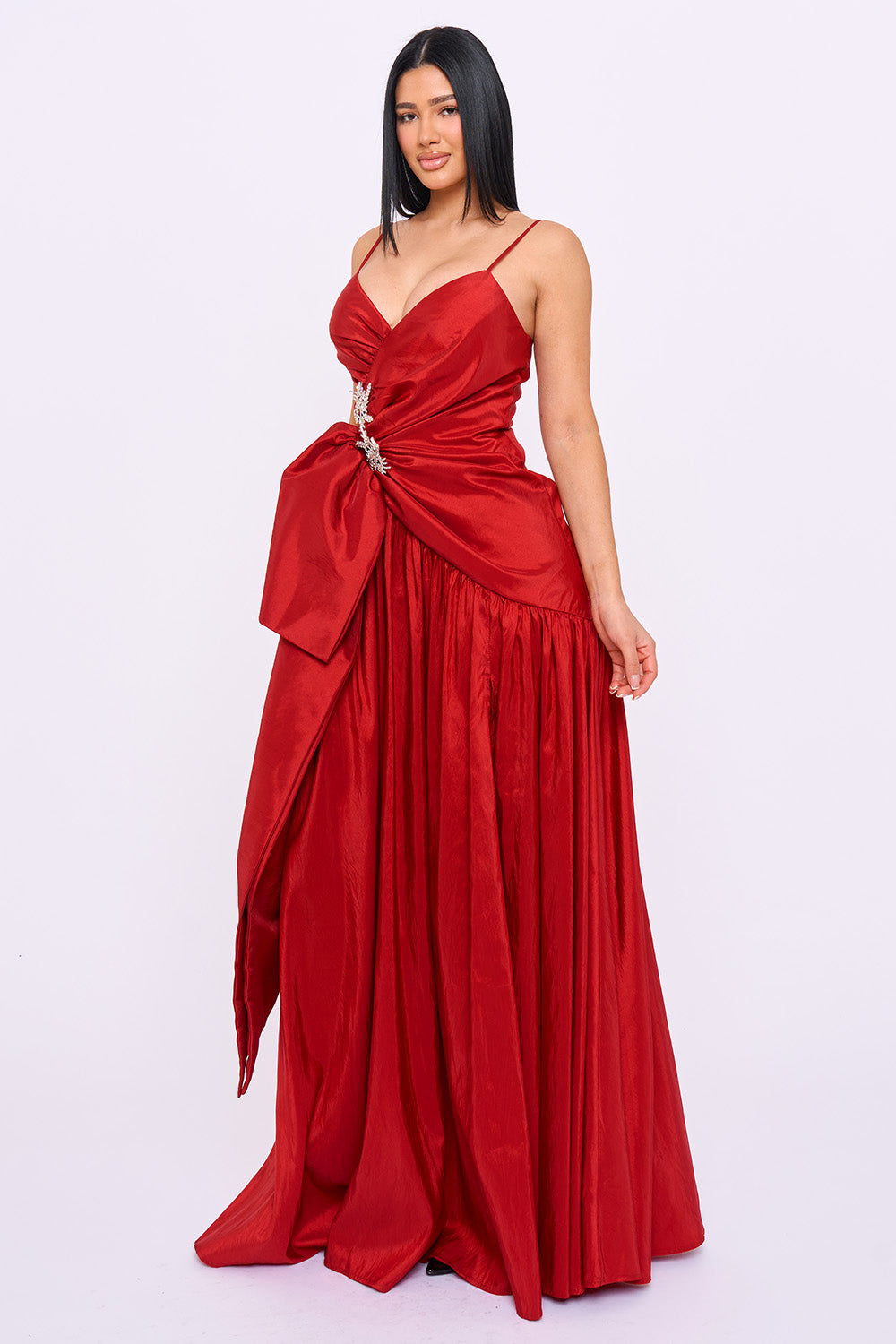 Taffeta Bow On The Waist A Line Maxi Dress
