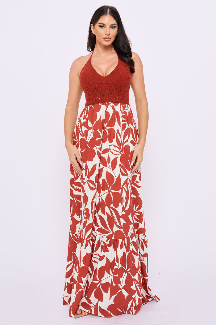 Symphony Dress - Crochet Halter Top With Printed Maxi Dress | Zezebe