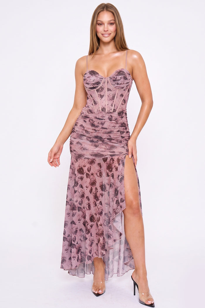 French Rose Print On Mesh Maxi Dress