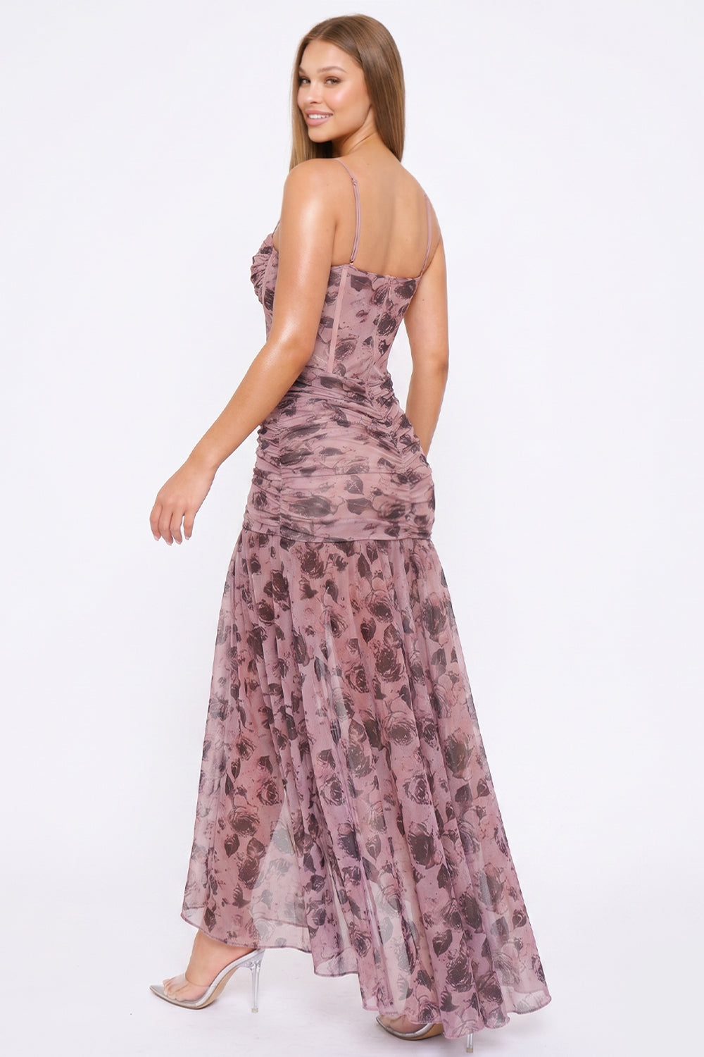 French Rose Print On Mesh Maxi Dress