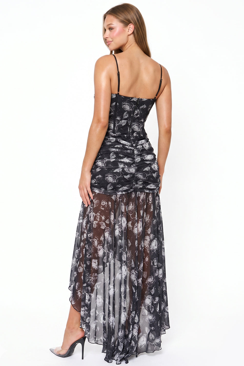 French Rose Print On Mesh Maxi Dress