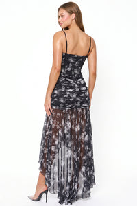 French Rose Print On Mesh Maxi Dress