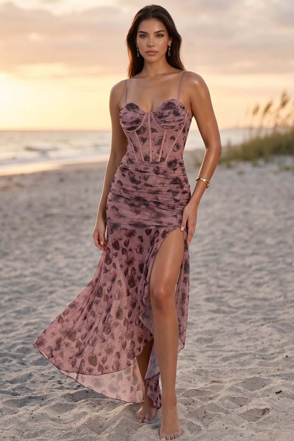 French Rose Print On Mesh Maxi Dress