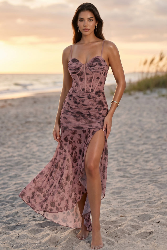 French Rose Print On Mesh Maxi Dress