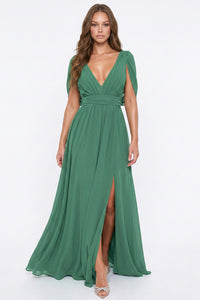 Chiffon Shirring Slit Open Sleeve Maxi Dress