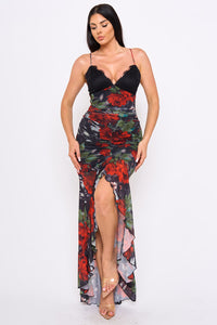 Floral Print With Shirring Detail Maxi Dress