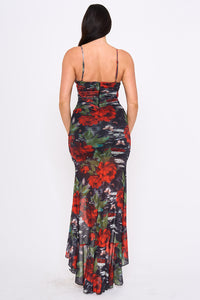 Floral Print With Shirring Detail Maxi Dress