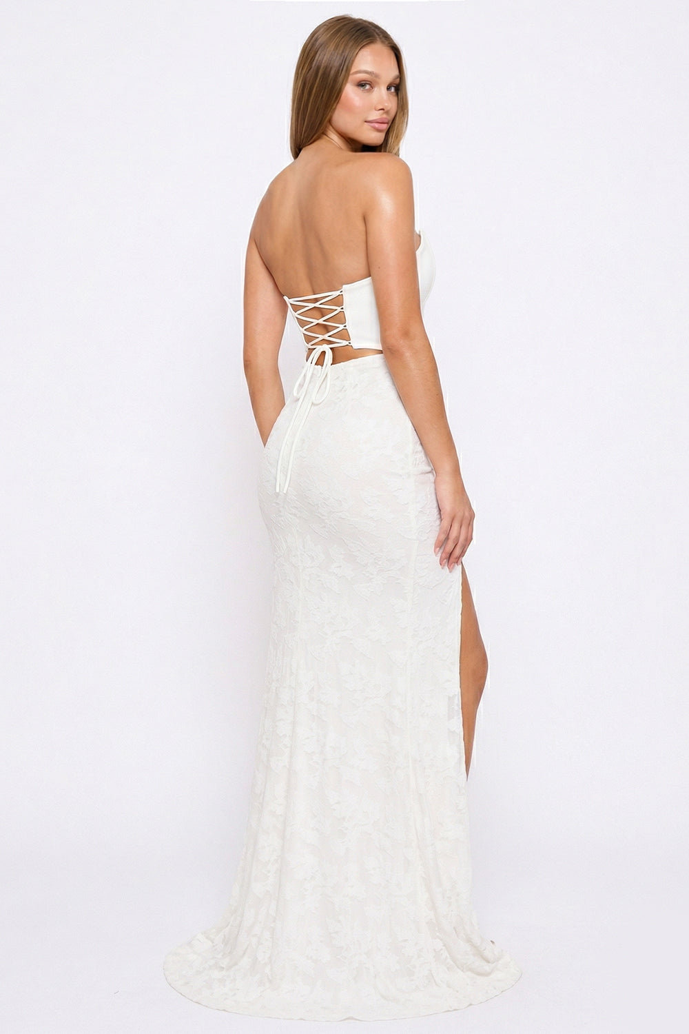 Symphony Dress - Flower Lace Skirt With Bustier Top Maxi Dress | Zezebe