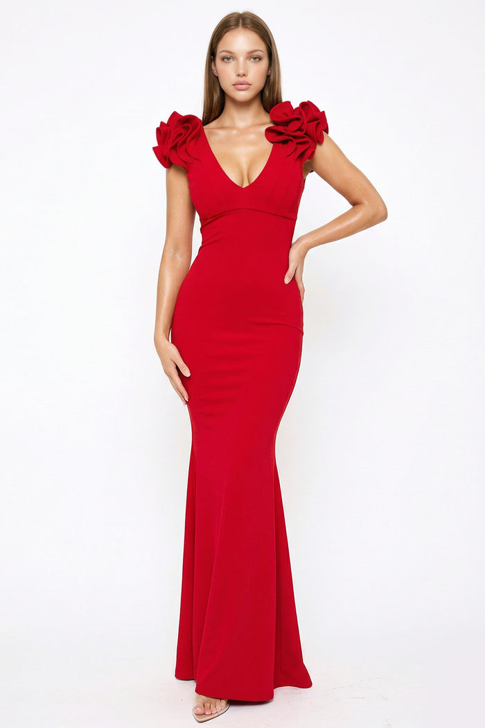 Techno Crepe Ruffle Detail Maxi Dress