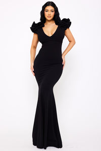 Techno Crepe Ruffle Detail Maxi Dress