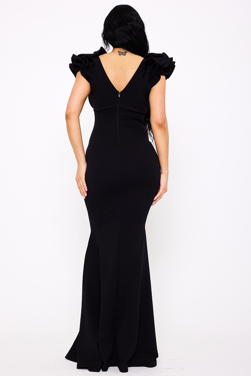 Techno Crepe Ruffle Detail Maxi Dress