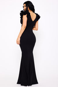 Techno Crepe Ruffle Detail Maxi Dress