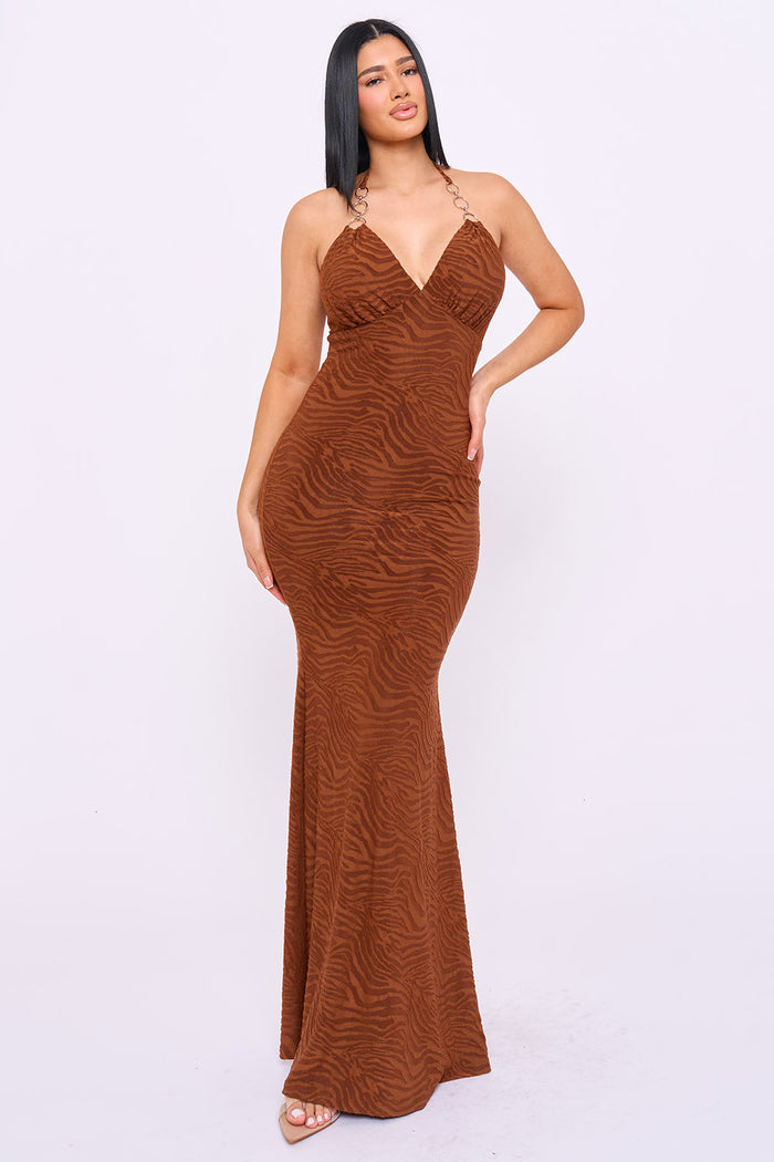 Metal Chain On Strap Halter Neck Maxi Dress