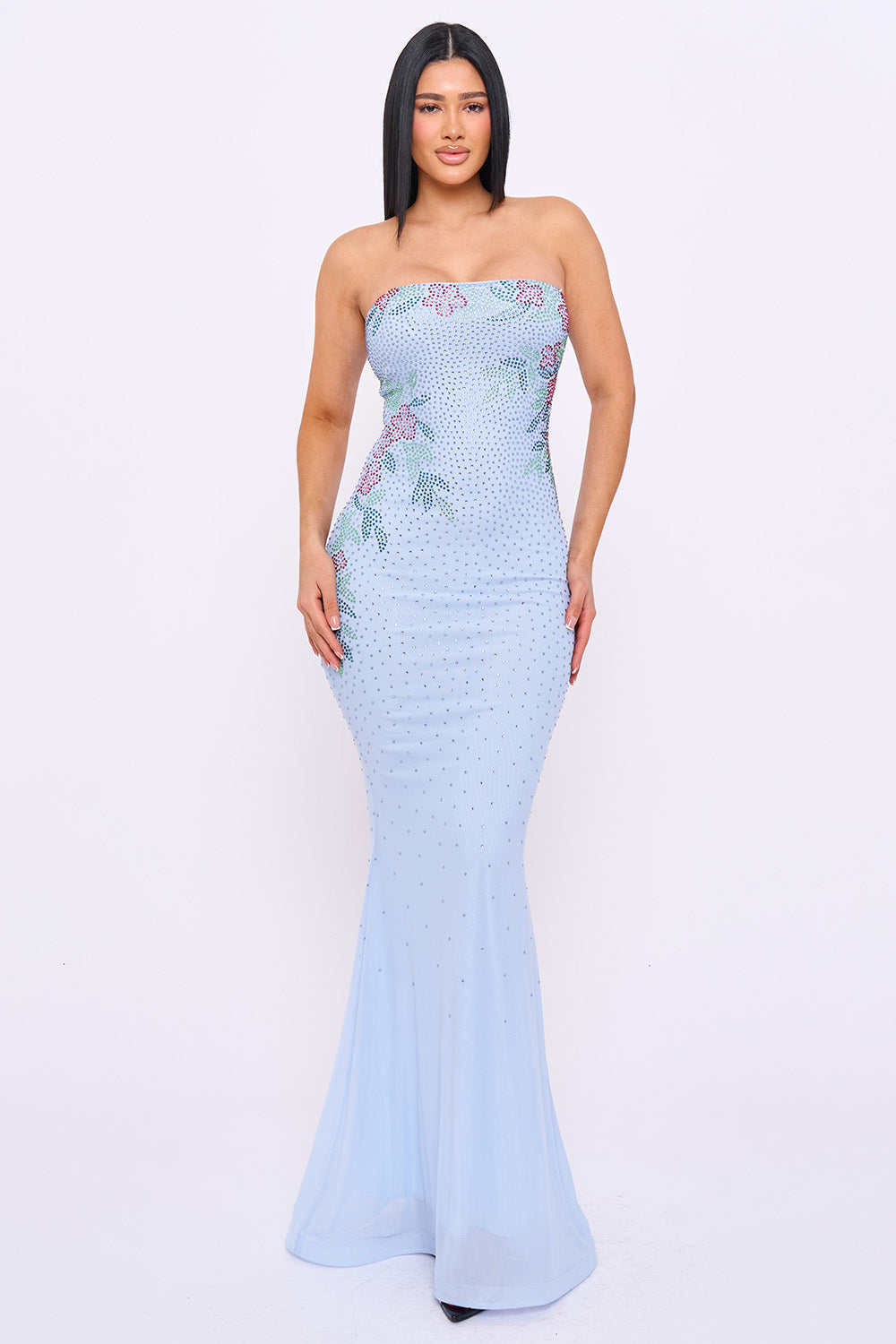 Floral Pattern Rhinestone Mermaid Maxi Dress