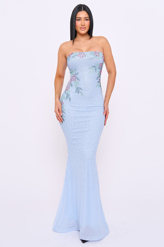 Floral Pattern Rhinestone Mermaid Maxi Dress
