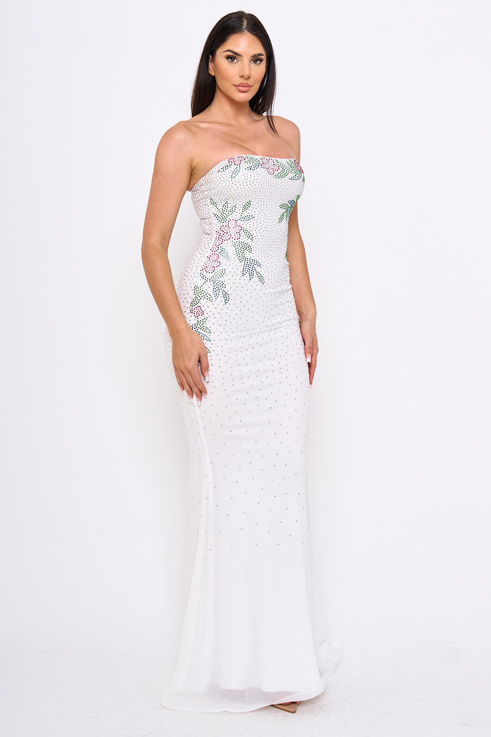 Floral Pattern Rhinestone Mermaid Maxi Dress