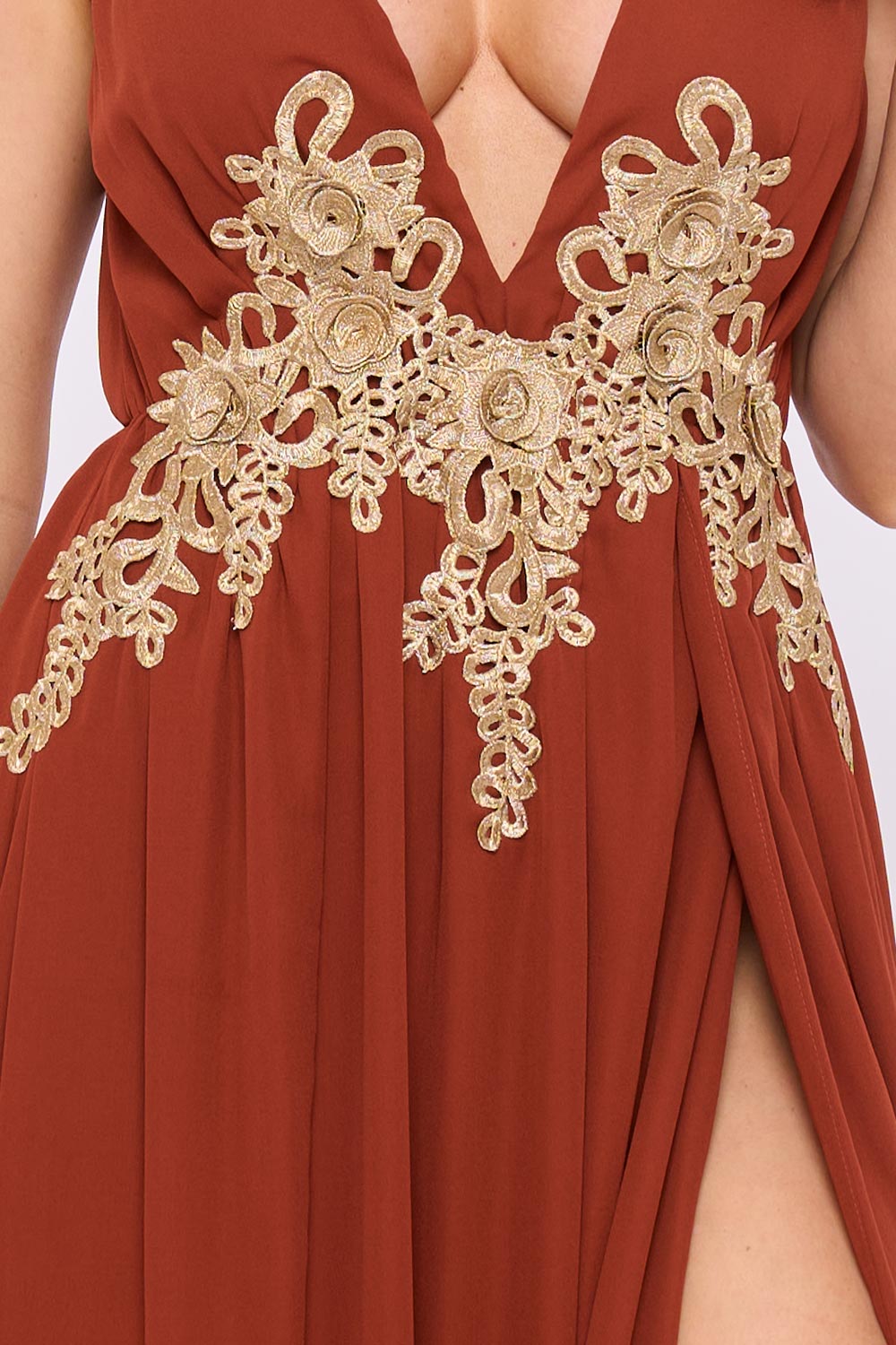 Plunging V-Neck Lace On Waist Maxi Dress