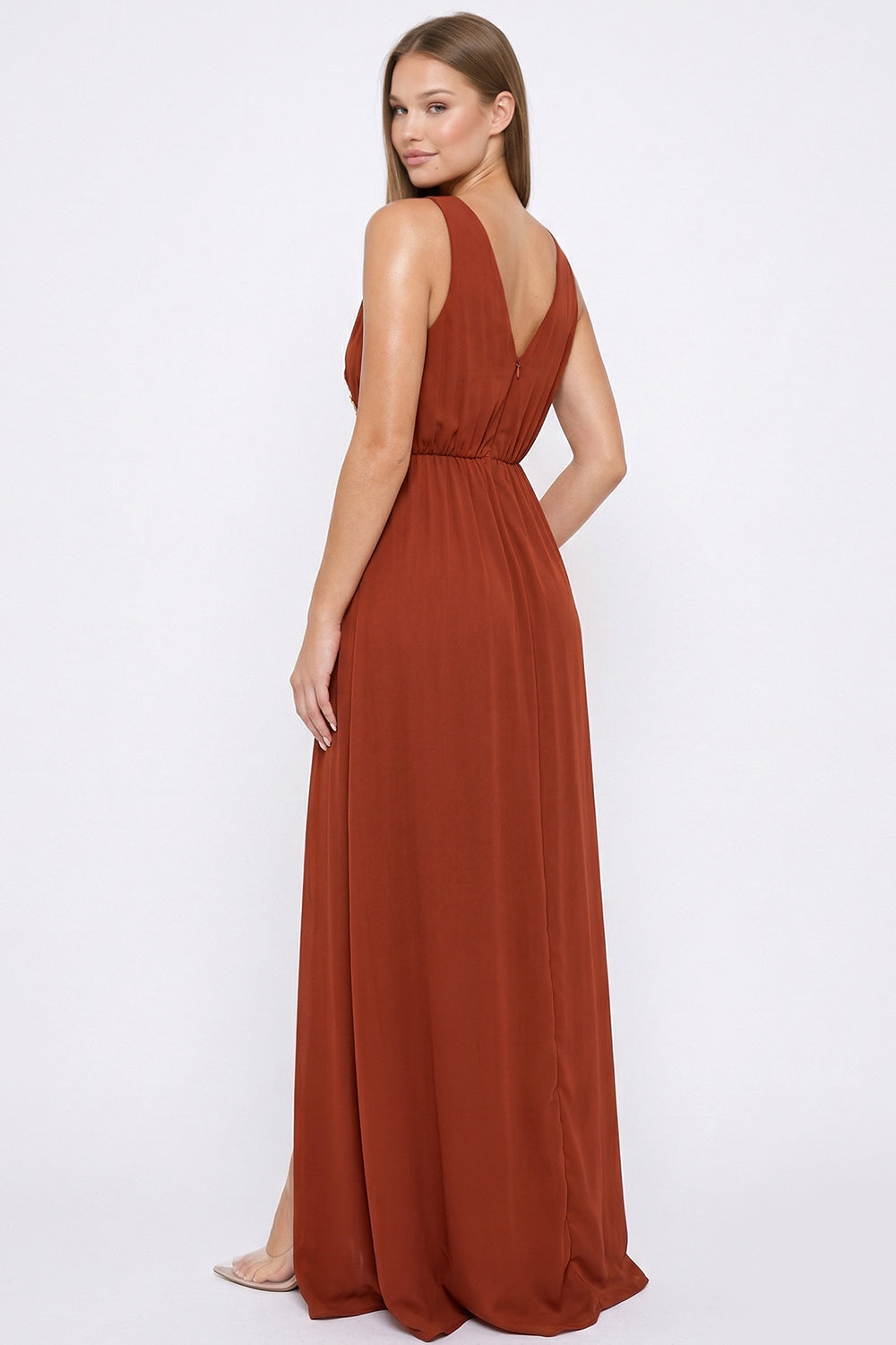 Plunging V-Neck Lace On Waist Maxi Dress