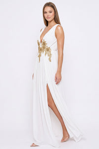 Plunging V-Neck Lace On Waist Maxi Dress