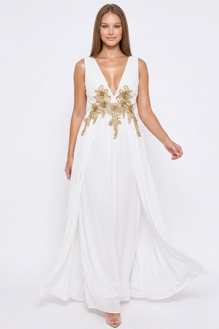 Plunging V-Neck Lace On Waist Maxi Dress