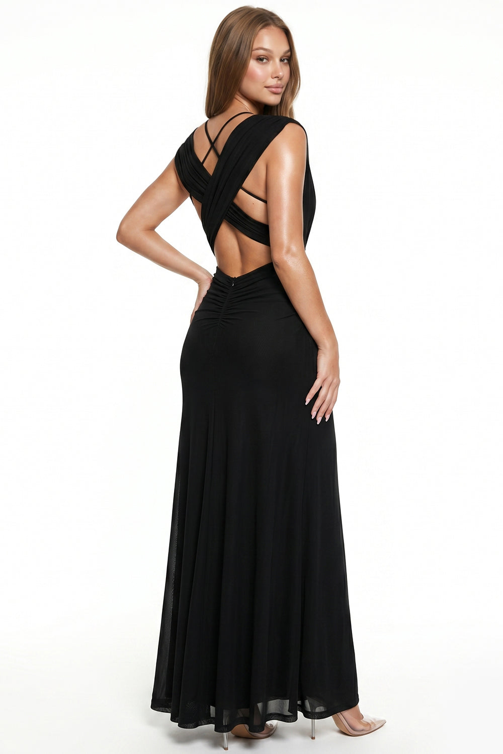 Mesh Draped V-Neck Maxi Dress