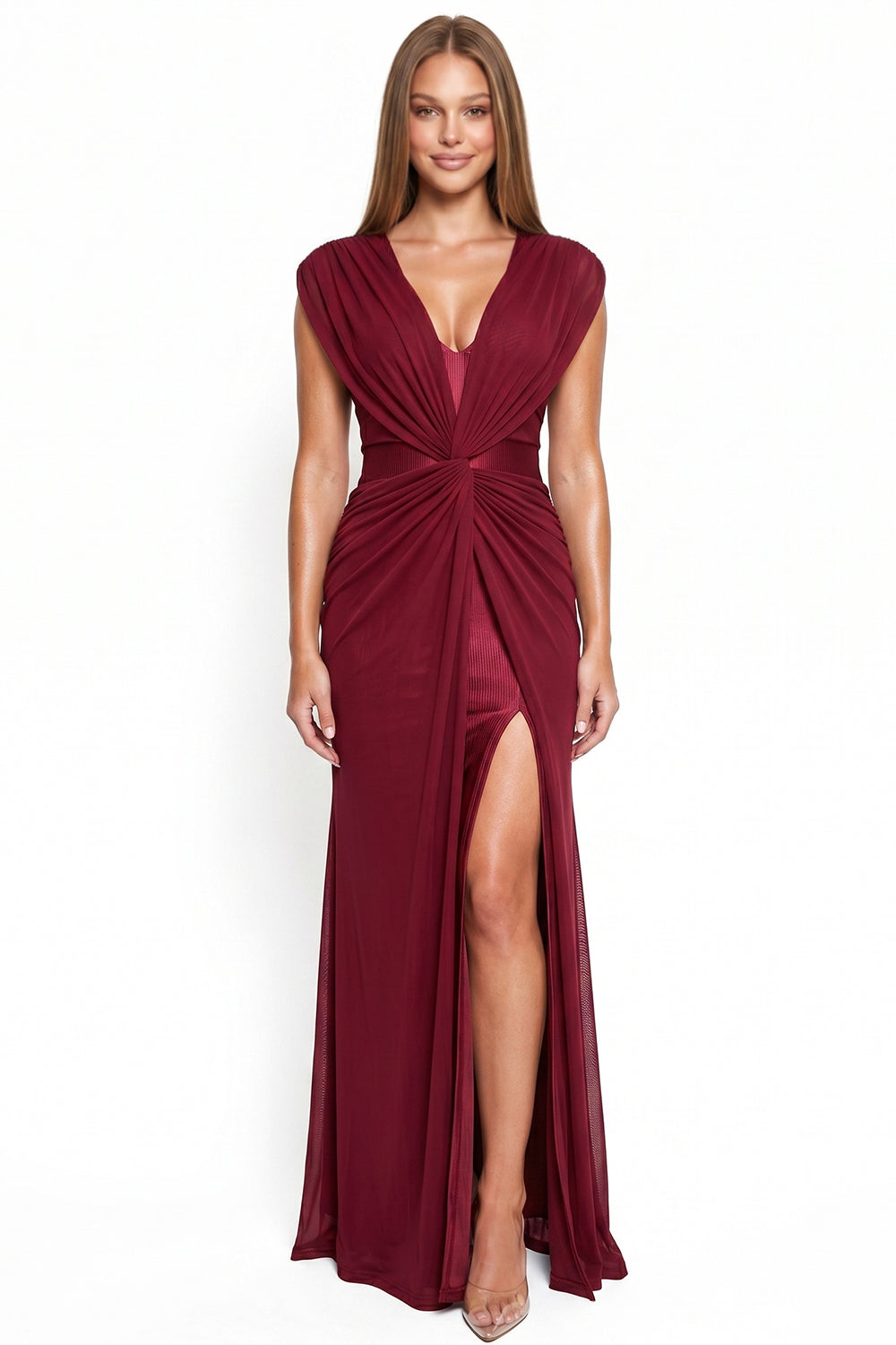 Mesh Draped V-Neck Maxi Dress