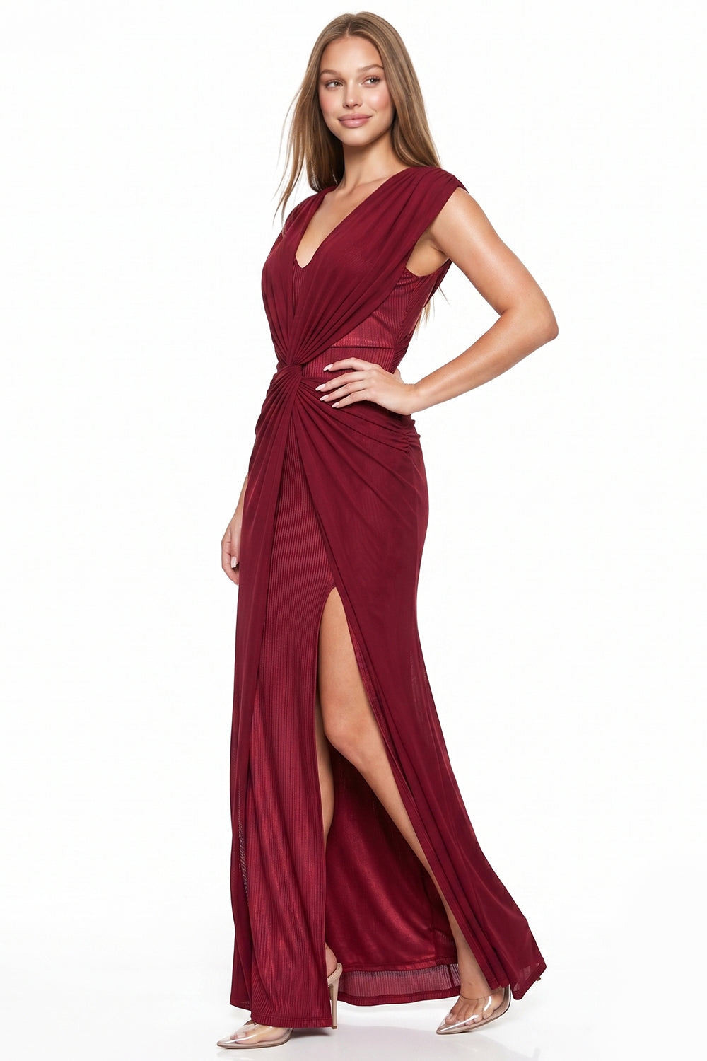 Mesh Draped V-Neck Maxi Dress