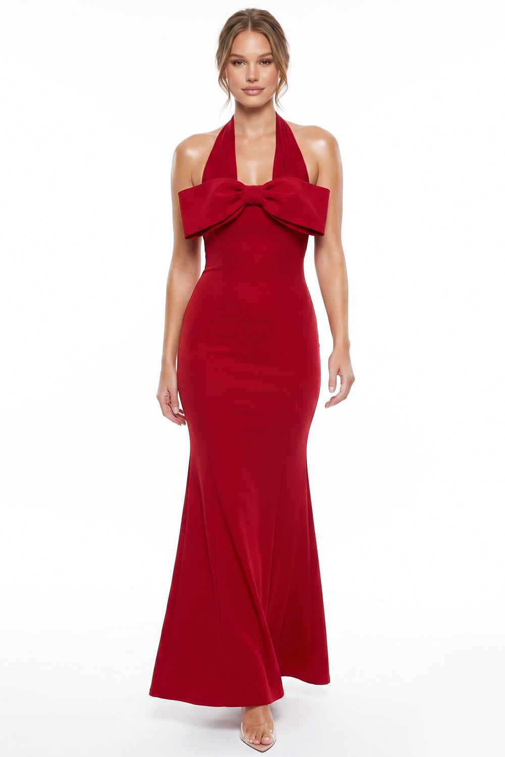 Bow Detail Mesh Halter Neck Maxi Dress