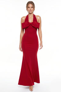 Bow Detail Mesh Halter Neck Maxi Dress