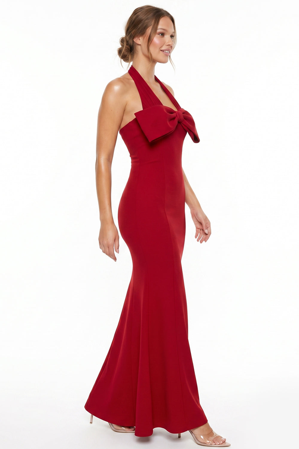 Bow Detail Mesh Halter Neck Maxi Dress