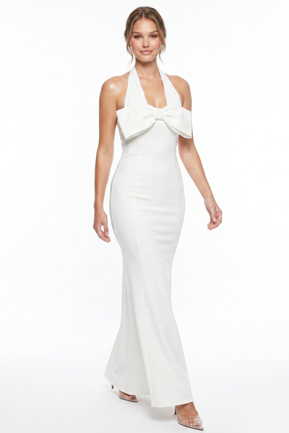 Bow Detail Mesh Halter Neck Maxi Dress