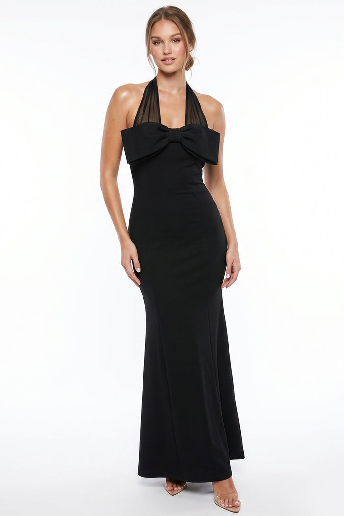 Bow Detail Mesh Halter Neck Maxi Dress