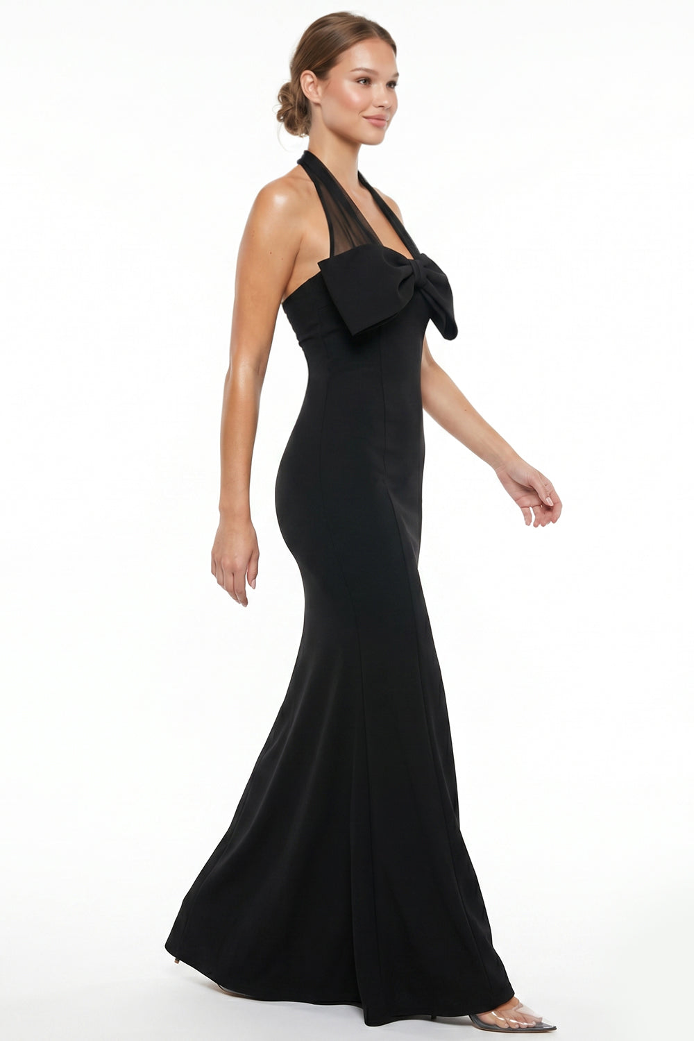 Bow Detail Mesh Halter Neck Maxi Dress