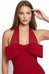Bow Detail Mesh Halter Neck Maxi Dress