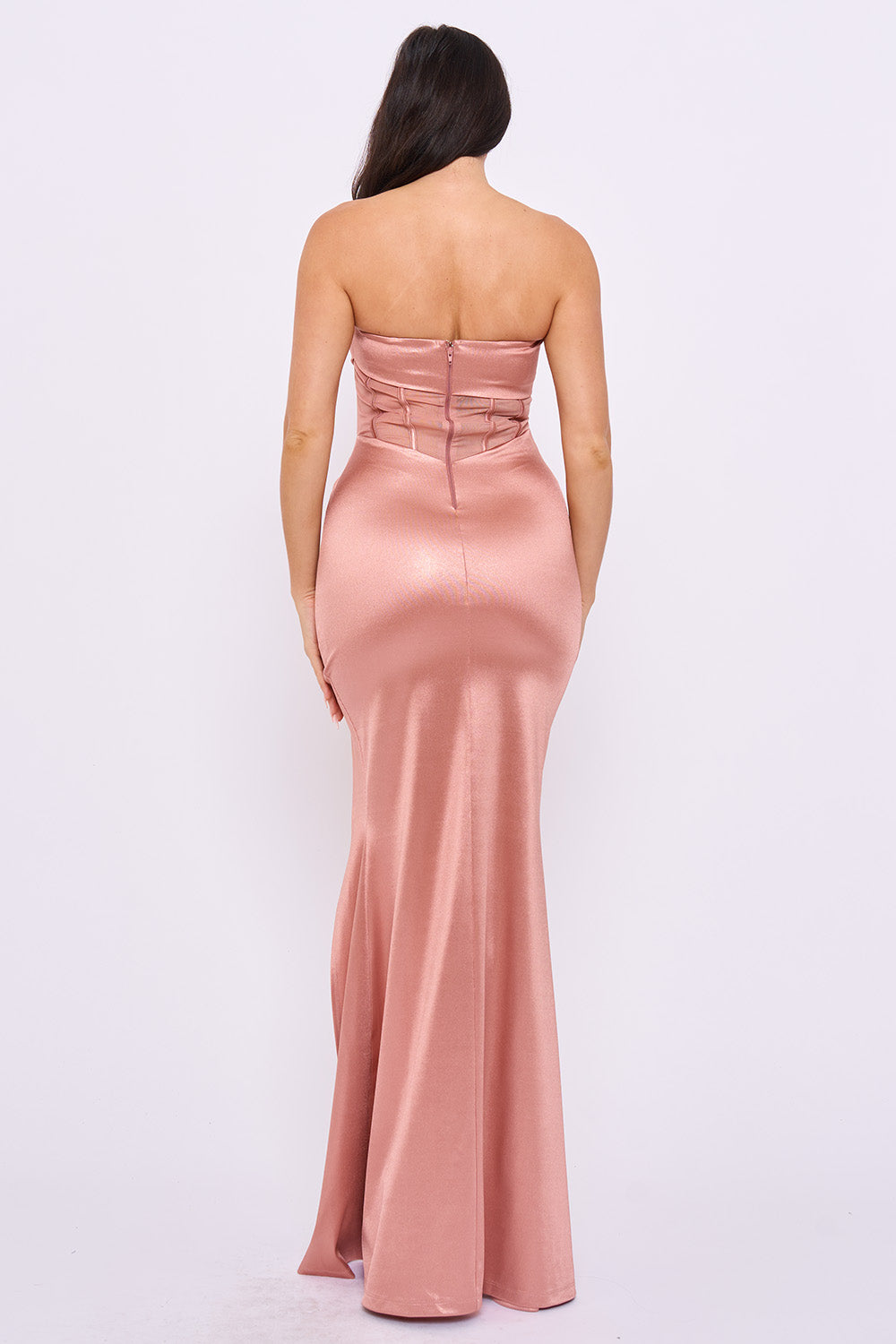 Shimmer Satin Corset Mesh Panel Maxi Dress