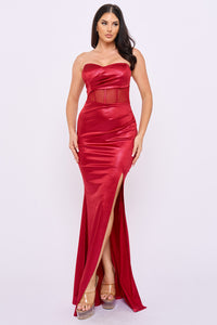 Shimmer Satin Corset Mesh Panel Maxi Dress