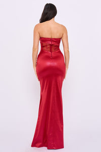 Shimmer Satin Corset Mesh Panel Maxi Dress