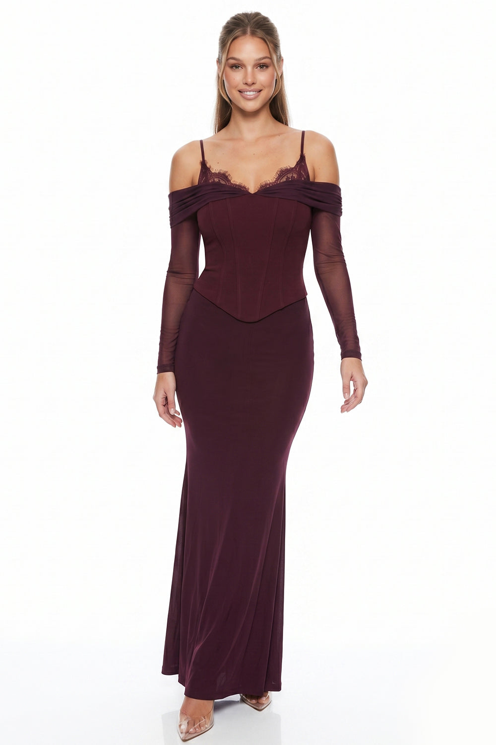 Lace Trim Bust Off Shoulder Maxi Dress