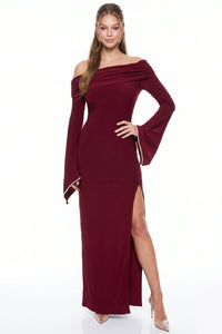 Off The Shoulder Pearl Trim Cuff Maxi Dress